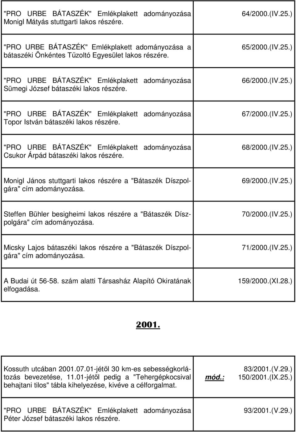 70/2000.(IV.25.) Micsky Lajos bátaszéki lakos részére a "Bátaszék Díszpolgára" cím adományozása. 71/2000.(IV.25.) A Budai út 56-58. szám alatti Társasház Alapító Okiratának elfogadása. 159/2000.(XI.