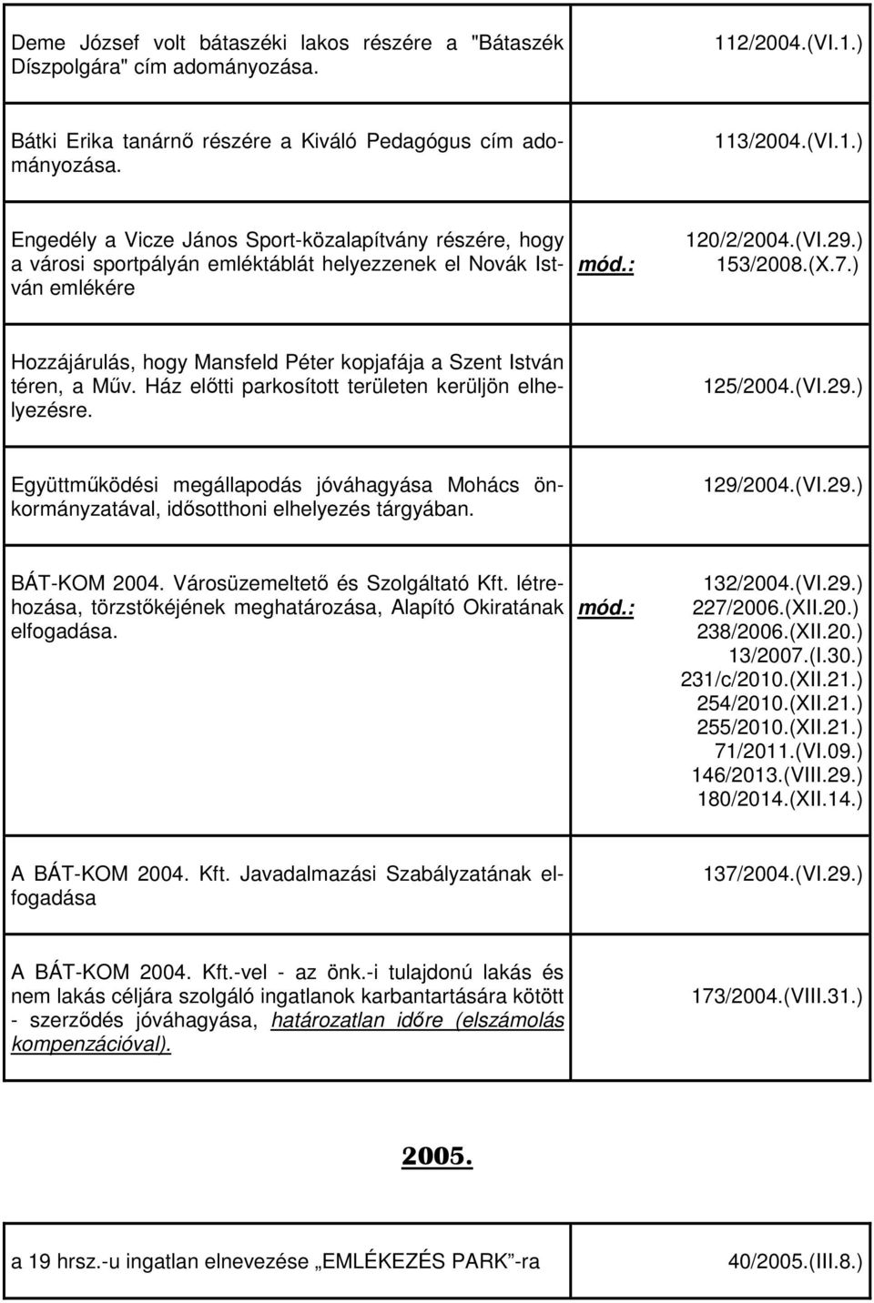 (VI.29.) 153/2008.(X.7.) Hozzájárulás, hogy Mansfeld Péter kopjafája a Szent István téren, a Műv. Ház előtti parkosított területen kerüljön elhelyezésre. 125/2004.(VI.29.) Együttműködési megállapodás jóváhagyása Mohács önkormányzatával, idősotthoni elhelyezés tárgyában.