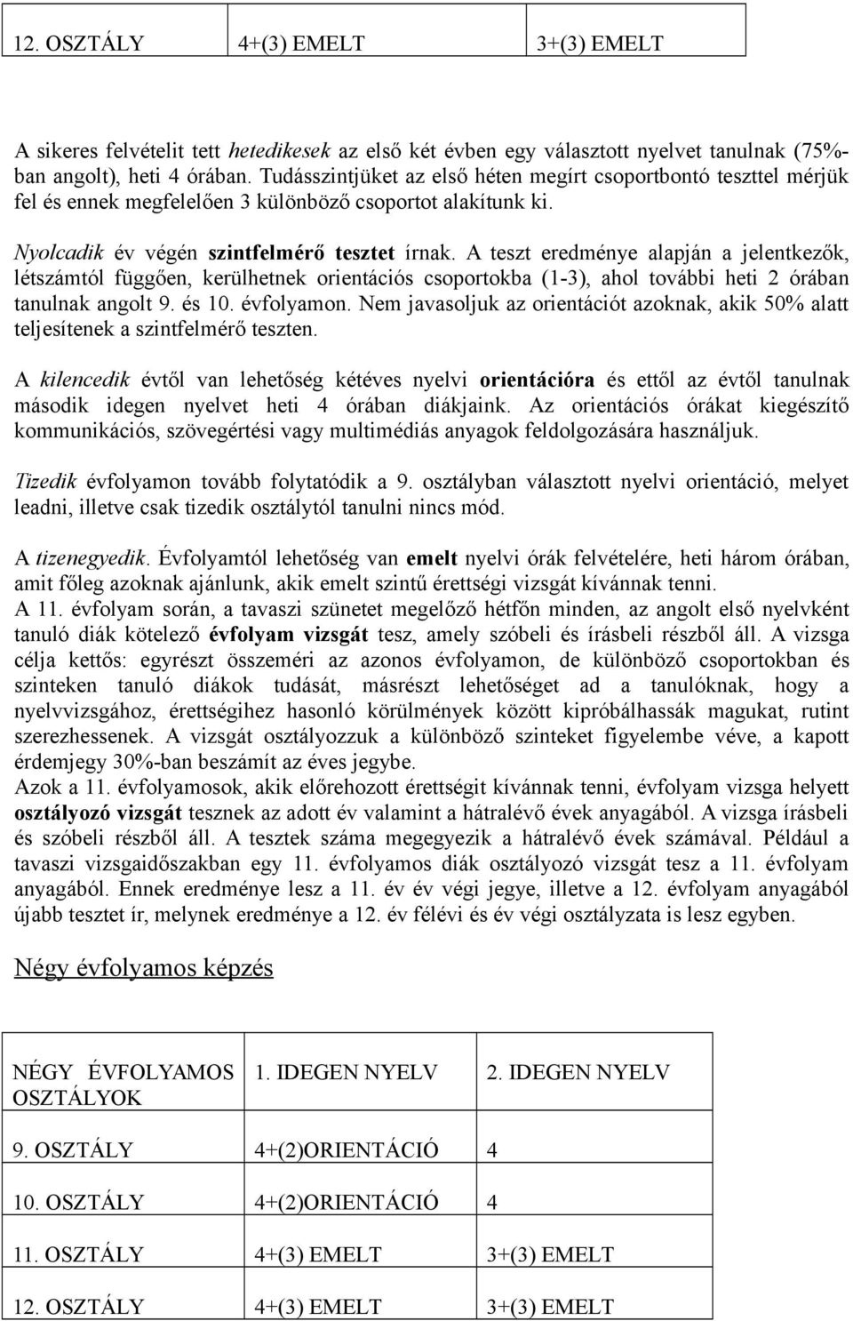 A teszt eredménye alapján a jelentkezők, létszámtól függően, kerülhetnek orientációs csoportokba (1-3), ahol további heti 2 órában tanulnak angolt 9. és 10. évfolyamon.