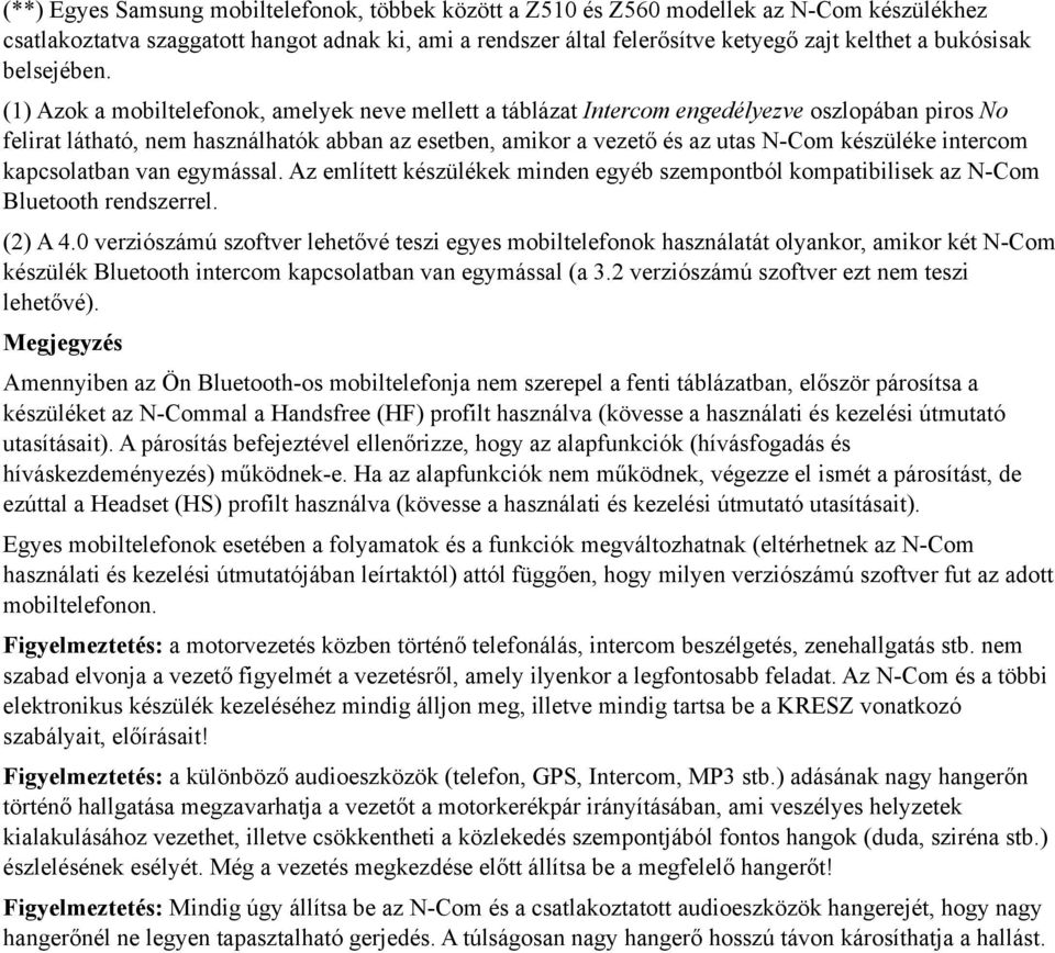 (1) Azok a mobiltelefonok, amelyek neve mellett a táblázat Intercom engedélyezve oszlopában piros No felirat látható, nem használhatók abban az esetben, amikor a vezető és az utas N-Com készüléke