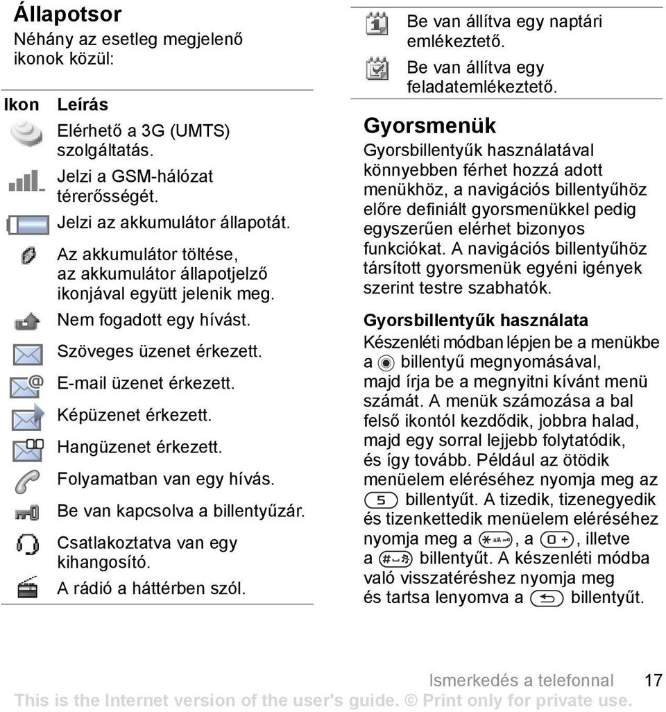 Folyamatban van egy hívás. Be van kapcsolva a billentyűzár. Csatlakoztatva van egy kihangosító. A rádió a háttérben szól. Be van állítva egy naptári emlékeztető. Be van állítva egy feladatemlékeztető.