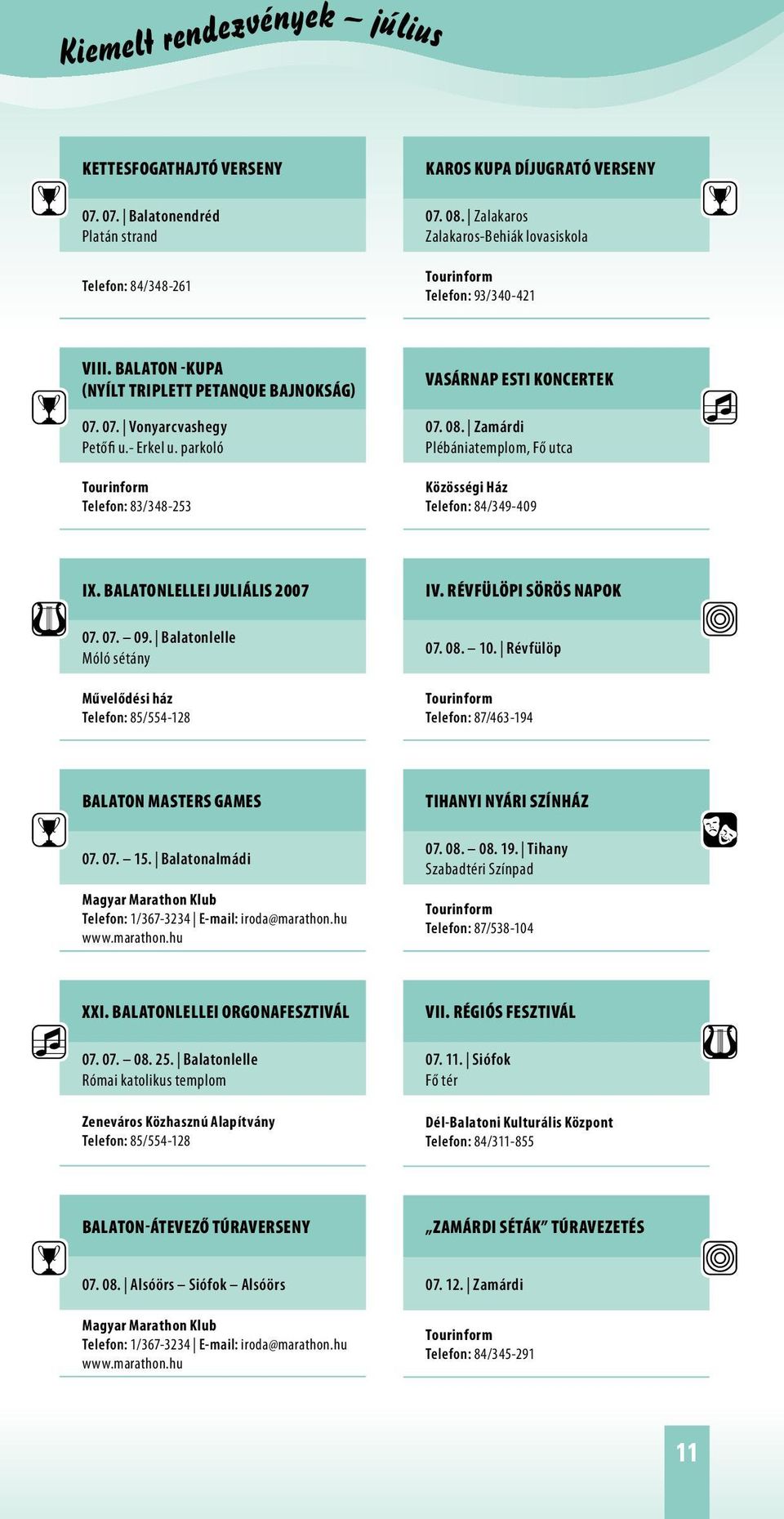 parkoló Telefon: 83/348-253 Vasárnap esti koncertek 07. 08. Zamárdi Plébániatemplom, Fő utca Közösségi Ház Telefon: 84/349-409 IX. Balatonlellei Juliális 2007 07. 07. 09.
