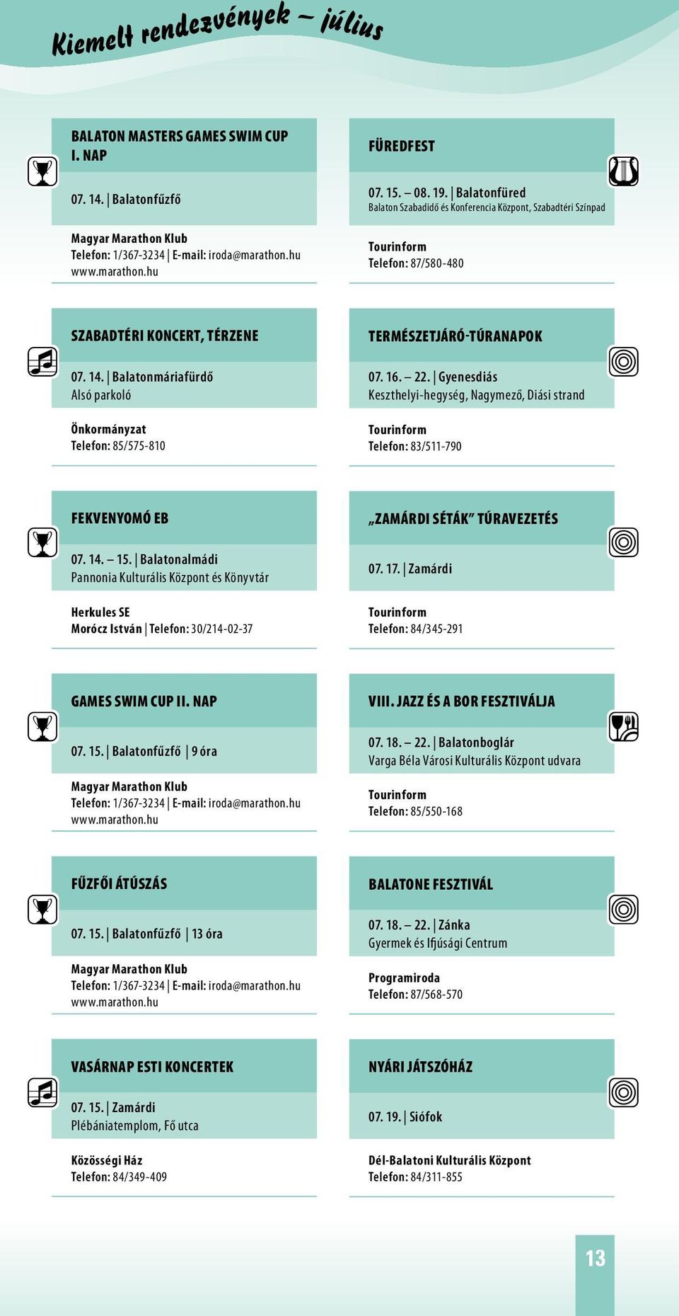 Balatonmáriafürdő Alsó parkoló Önkormányzat Telefon: 85/575-810 Természetjáró-túranapok 07. 16. 22. Gyenesdiás Keszthelyi-hegység, Nagymező, Diási strand Telefon: 83/511-790 Fekvenyomó EB 07. 14. 15.