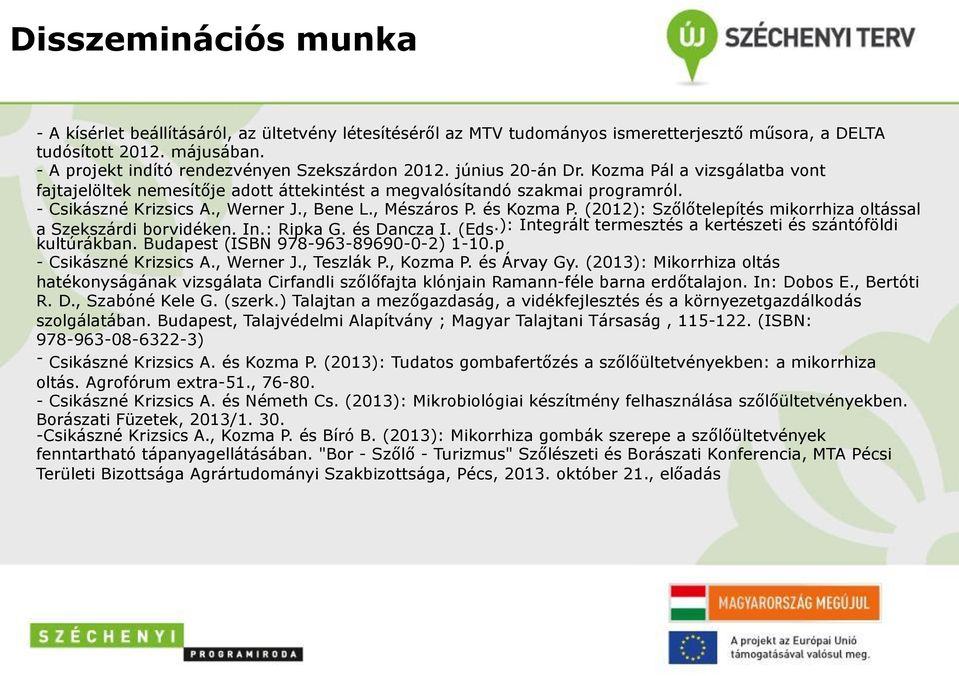 , Werner J., Bene L., Mészáros P. és Kozma P. (2012): Szőlőtelepítés mikorrhiza oltással a Szekszárdi borvidéken. In.: Ripka G. és Dancza I. (Eds.