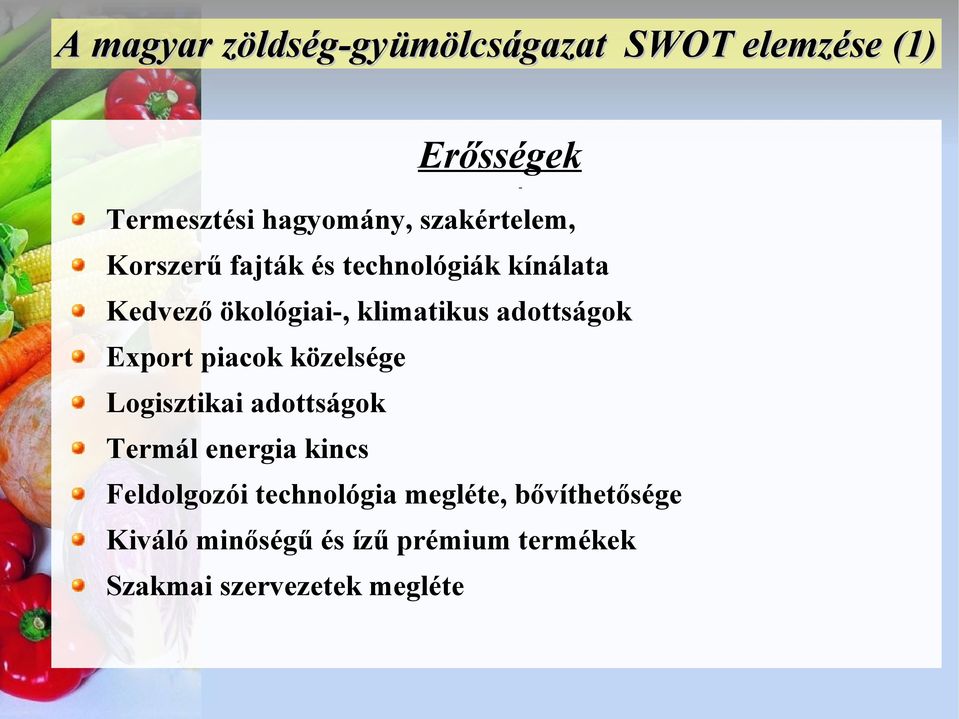 adottságok Export piacok közelsége Logisztikai adottságok Termál energia kincs Feldolgozói