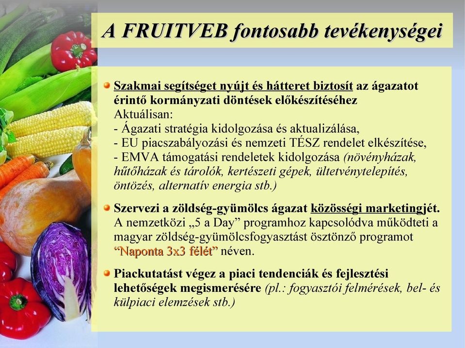 ültetvénytelepítés, öntözés, alternatív energia stb.) Szervezi a zöldség-gyümölcs ágazat közösségi marketingjét.