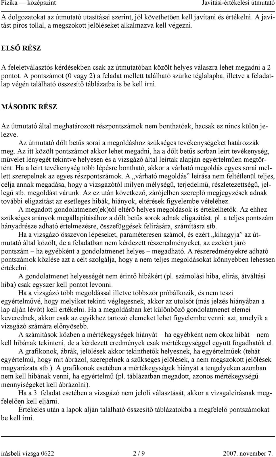 A pontszámot (0 vagy 2) a feladat mellett található szürke téglalapba, illetve a feladatlap végén található összesítő táblázatba is be kell írni.