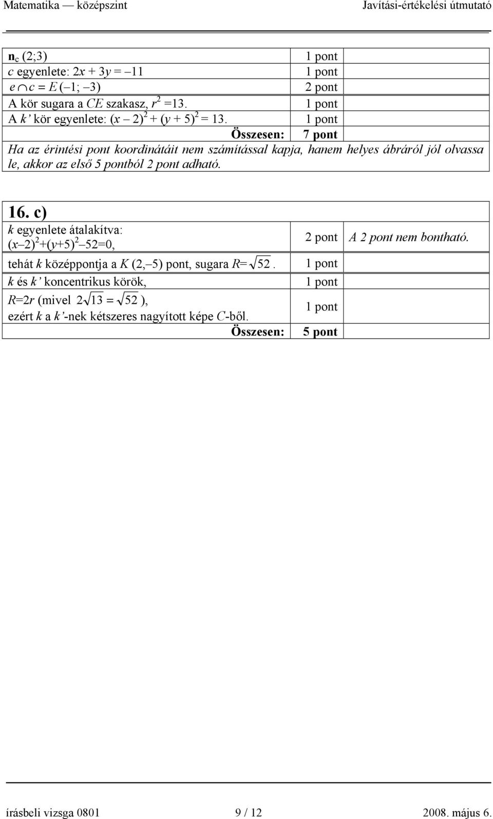 adható. 16. c) k egyenlete átalakítva: (x 2) 2 +(y+5) 2 52=0, tehát k középpontja a K (2, 5) pont, sugara R= 52.