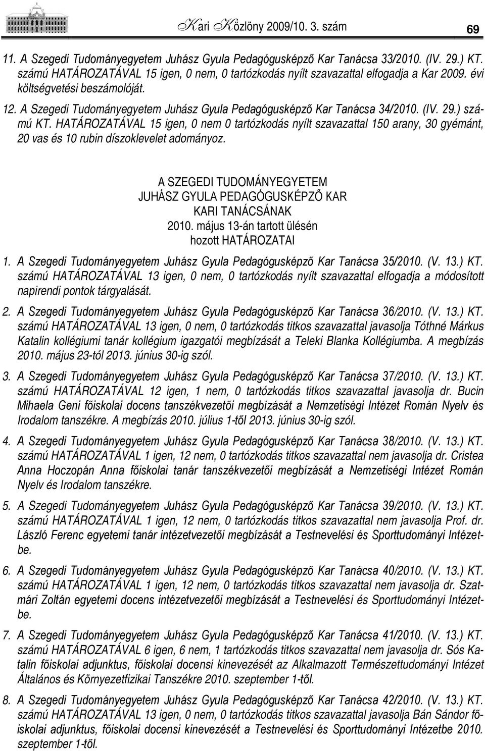 (IV. 29.) számú KT. HATÁROZATÁVAL 15 igen, 0 nem 0 tartózkodás nyílt szavazattal 150 arany, 30 gyémánt, 20 vas és 10 rubin díszoklevelet adományoz.