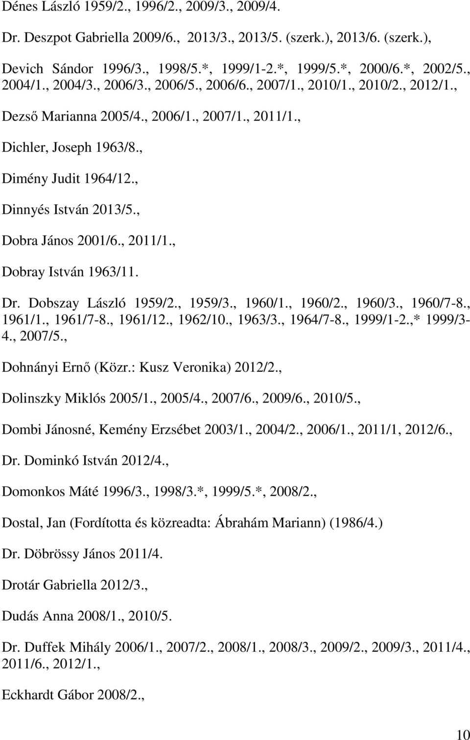 , Dinnyés István 2013/5., Dobra János 2001/6., 2011/1., Dobray István 1963/11. Dr. Dobszay László 1959/2., 1959/3., 1960/1., 1960/2., 1960/3., 1960/7-8., 1961/1., 1961/7-8., 1961/12., 1962/10.