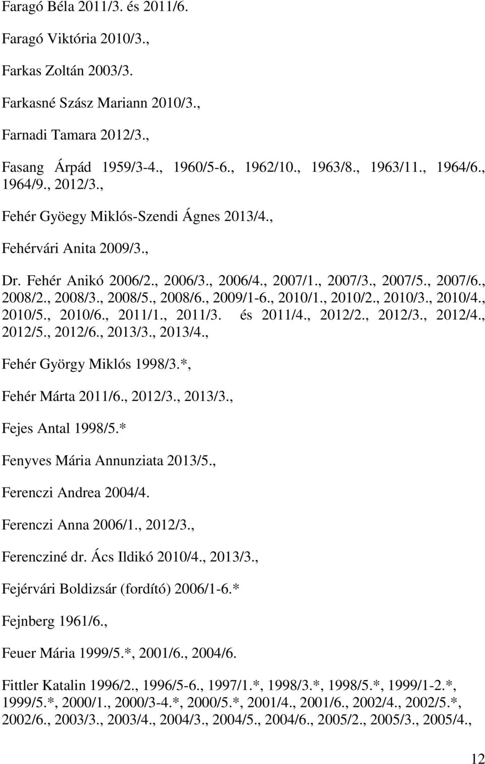 , 2008/6., 2009/1-6., 2010/1., 2010/2., 2010/3., 2010/4., 2010/5., 2010/6., 2011/1., 2011/3. és 2011/4., 2012/2., 2012/3., 2012/4., 2012/5., 2012/6., 2013/3., 2013/4., Fehér György Miklós 1998/3.