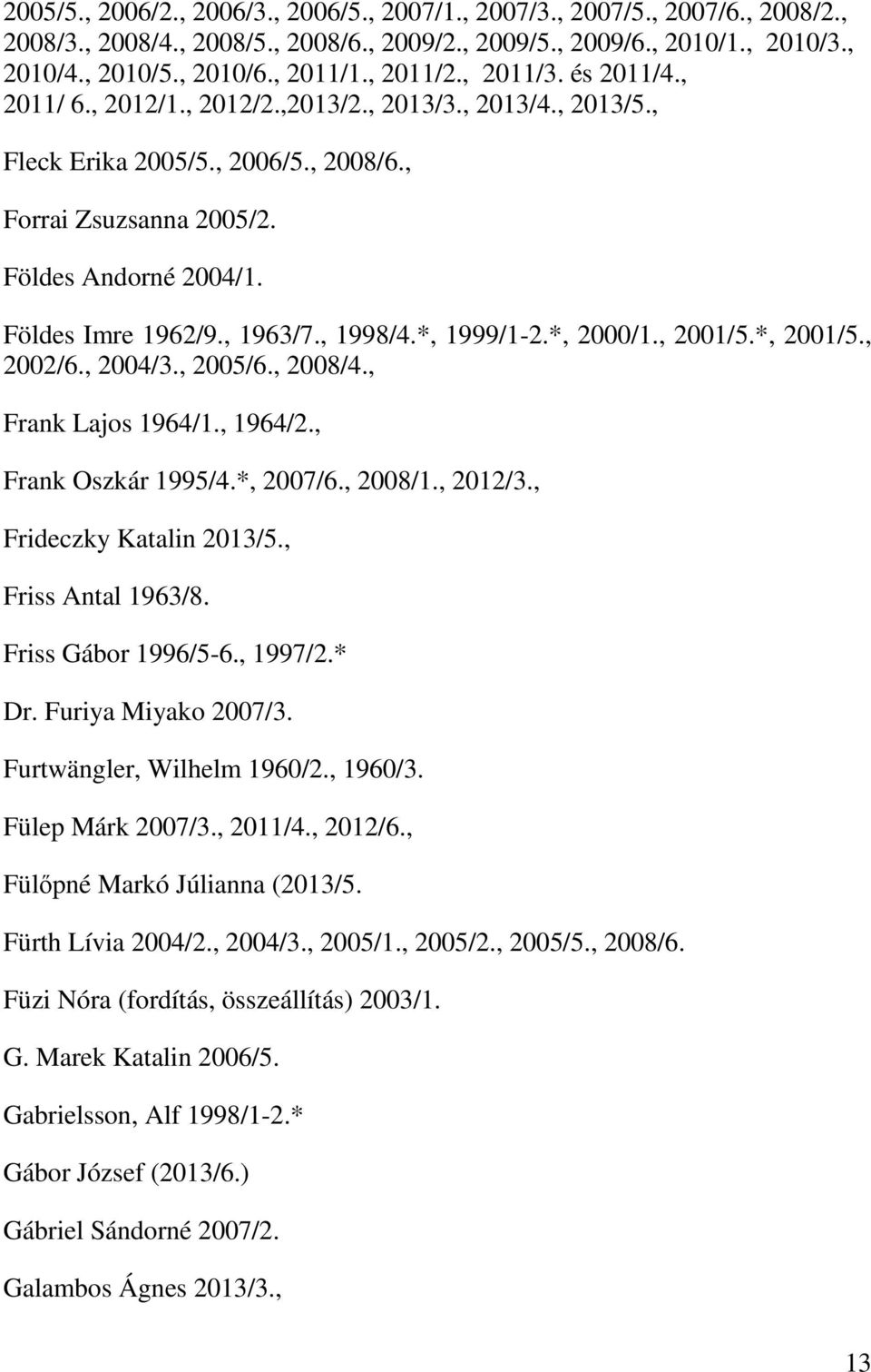 , 1963/7., 1998/4.*, 1999/1-2.*, 2000/1., 2001/5.*, 2001/5., 2002/6., 2004/3., 2005/6., 2008/4., Frank Lajos 1964/1., 1964/2., Frank Oszkár 1995/4.*, 2007/6., 2008/1., 2012/3.