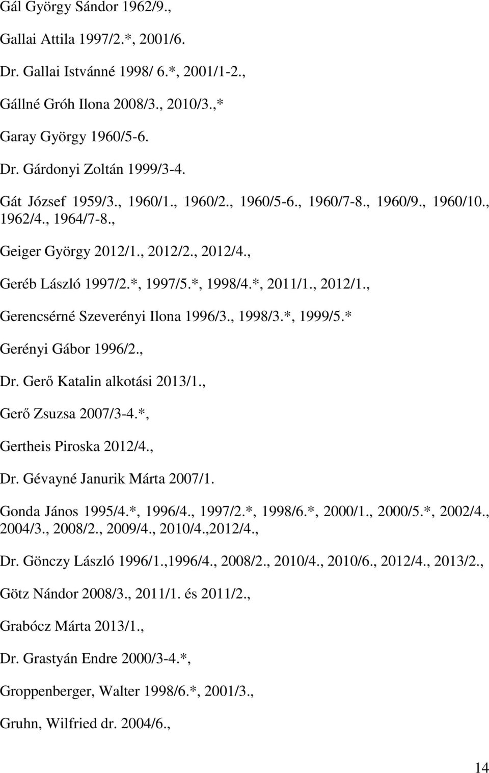 , Gerencsérné Szeverényi Ilona 1996/3., 1998/3.*, 1999/5.* Gerényi Gábor 1996/2., Dr. Gerő Katalin alkotási 2013/1., Gerő Zsuzsa 2007/3-4.*, Gertheis Piroska 2012/4., Dr. Gévayné Janurik Márta 2007/1.