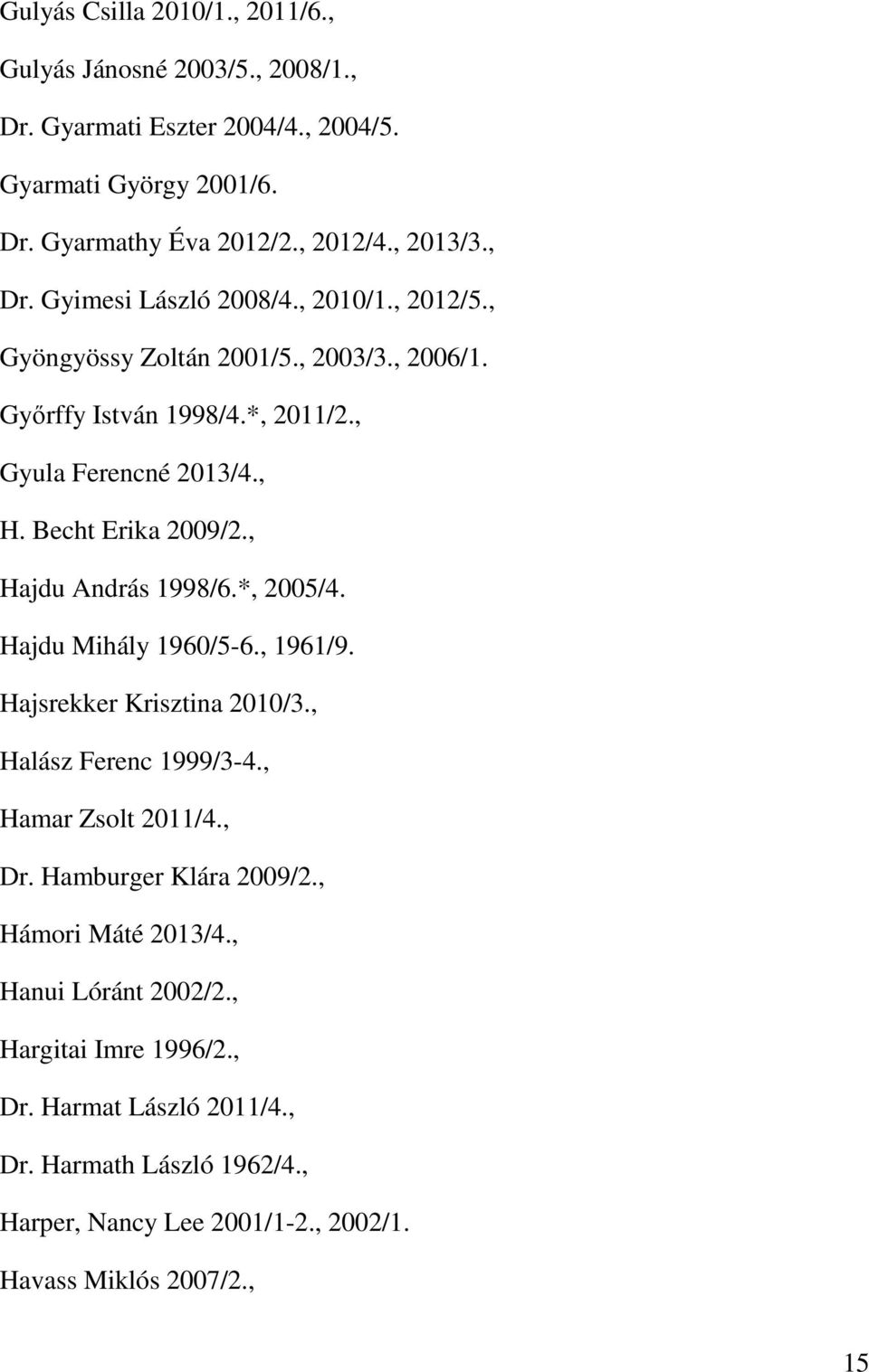 *, 2005/4. Hajdu Mihály 1960/5-6., 1961/9. Hajsrekker Krisztina 2010/3., Halász Ferenc 1999/3-4., Hamar Zsolt 2011/4., Dr. Hamburger Klára 2009/2., Hámori Máté 2013/4.