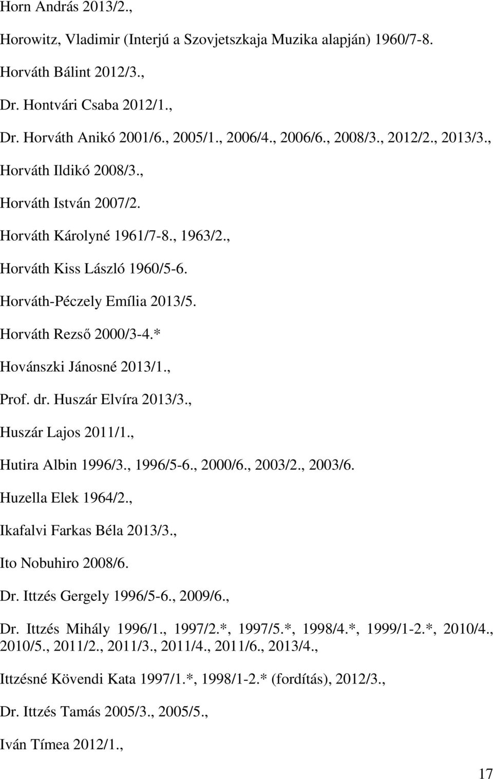 * Hovánszki Jánosné 2013/1., Prof. dr. Huszár Elvíra 2013/3., Huszár Lajos 2011/1., Hutira Albin 1996/3., 1996/5-6., 2000/6., 2003/2., 2003/6. Huzella Elek 1964/2., Ikafalvi Farkas Béla 2013/3.