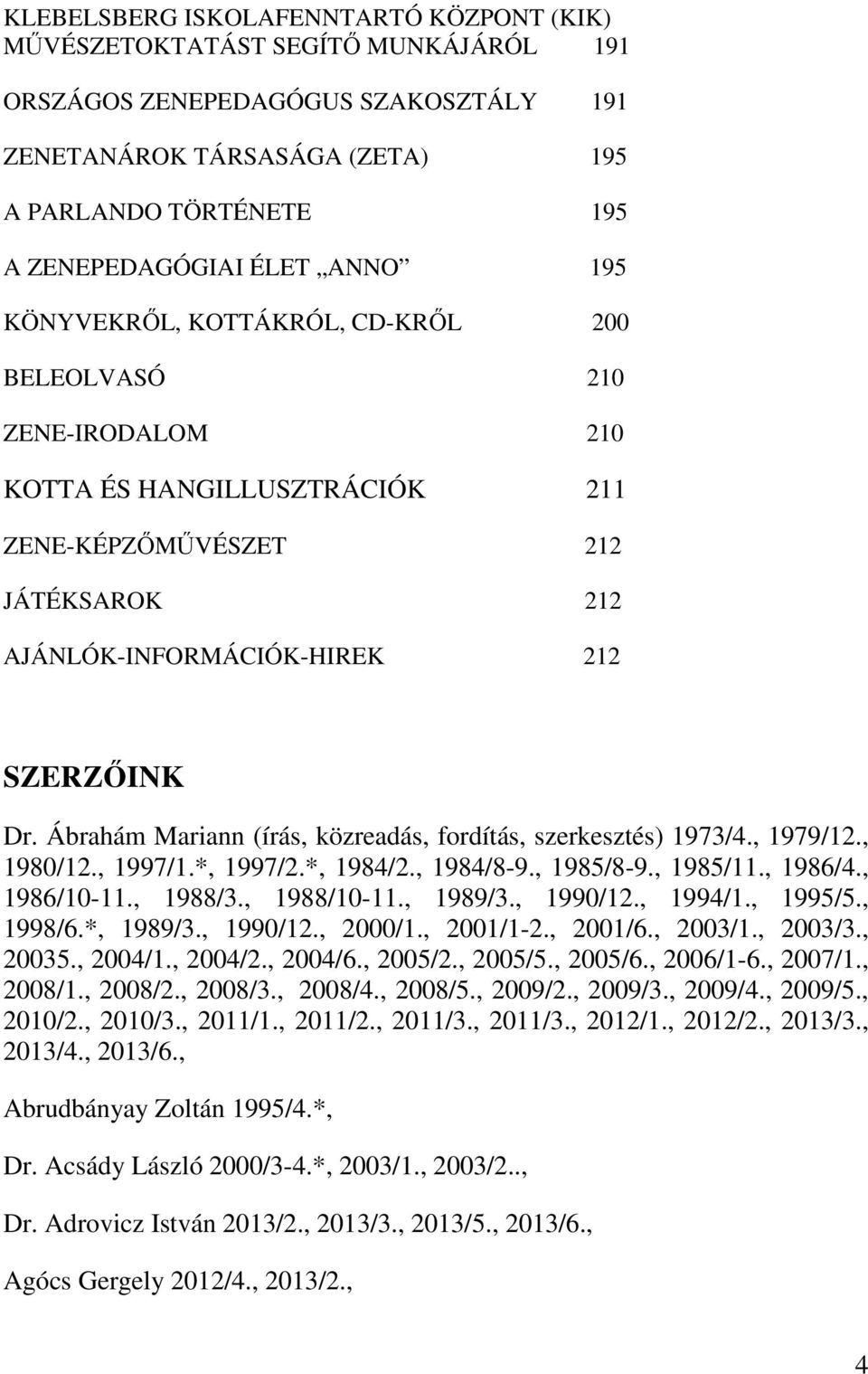 Ábrahám Mariann (írás, közreadás, fordítás, szerkesztés) 1973/4., 1979/12., 1980/12., 1997/1.*, 1997/2.*, 1984/2., 1984/8-9., 1985/8-9., 1985/11., 1986/4., 1986/10-11., 1988/3., 1988/10-11., 1989/3.