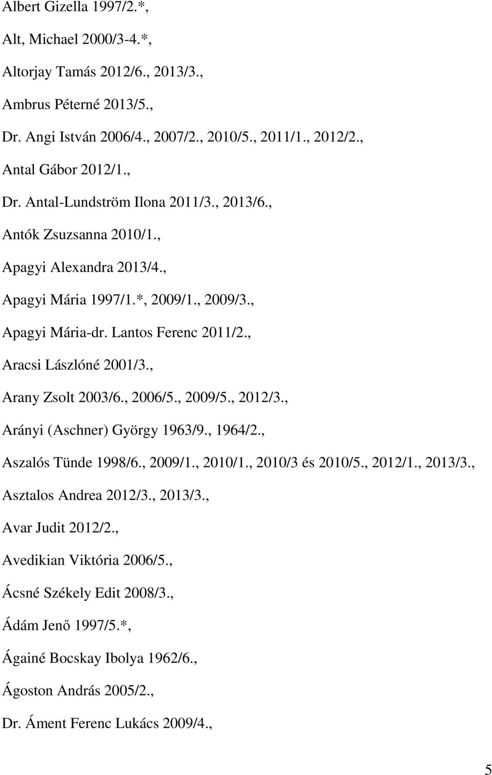 , 2006/5., 2009/5., 2012/3., Arányi (Aschner) György 1963/9., 1964/2., Aszalós Tünde 1998/6., 2009/1., 2010/1., 2010/3 és 2010/5., 2012/1., 2013/3., Asztalos Andrea 2012/3., 2013/3., Avar Judit 2012/2.