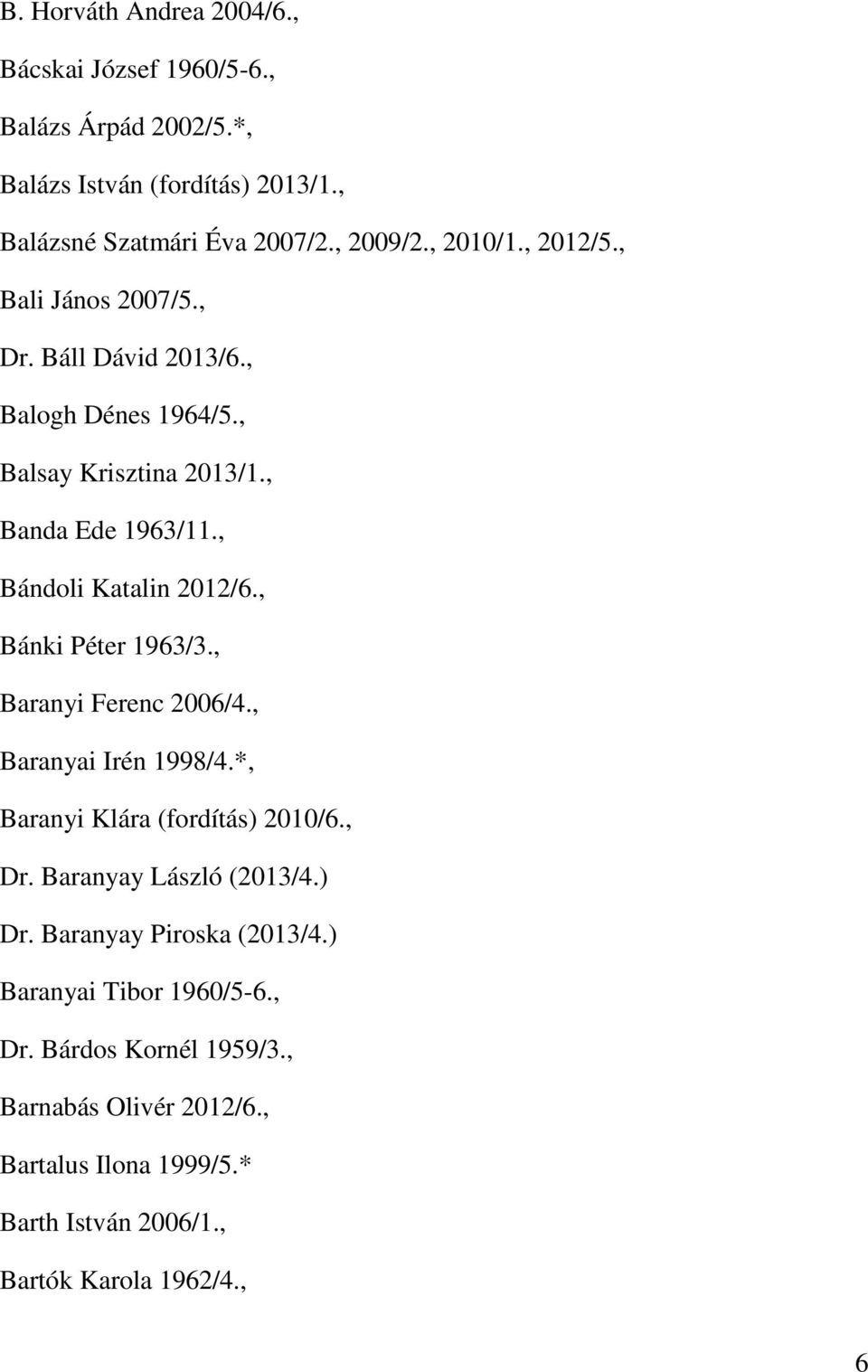 , Bánki Péter 1963/3., Baranyi Ferenc 2006/4., Baranyai Irén 1998/4.*, Baranyi Klára (fordítás) 2010/6., Dr. Baranyay László (2013/4.) Dr.