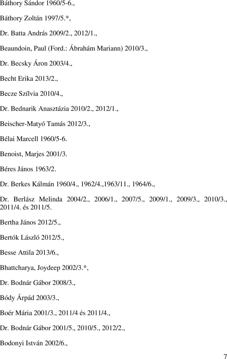 , 1962/4.,1963/11., 1964/6., Dr. Berlász Melinda 2004/2., 2006/1., 2007/5., 2009/1., 2009/3., 2010/3., 2011/4. és 2011/5. Bertha János 2012/5., Bertók László 2012/5.