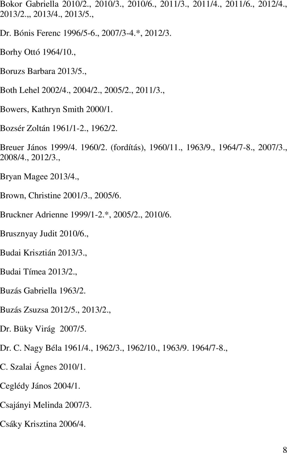 , 2012/3., Bryan Magee 2013/4., Brown, Christine 2001/3., 2005/6. Bruckner Adrienne 1999/1-2.*, 2005/2., 2010/6. Brusznyay Judit 2010/6., Budai Krisztián 2013/3., Budai Tímea 2013/2.