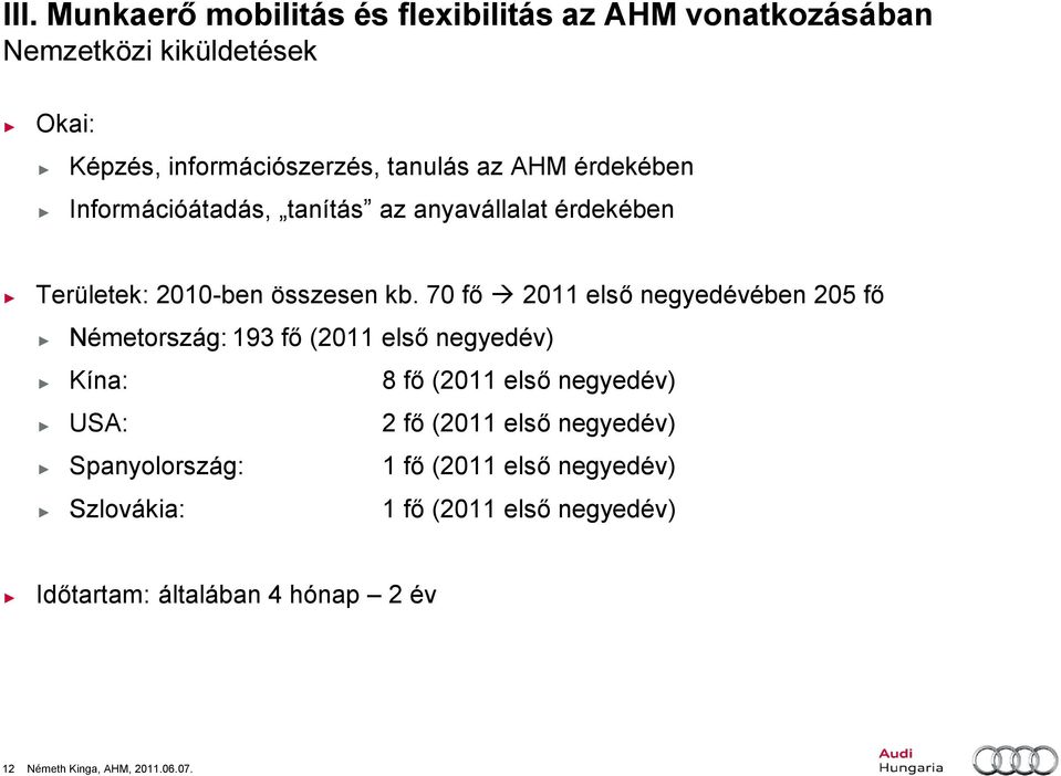 70 fő 2011 első negyedévében 205 fő Németország: 193 fő (2011 első negyedév) Kína: 8 fő (2011 első negyedév) USA: 2 fő (2011