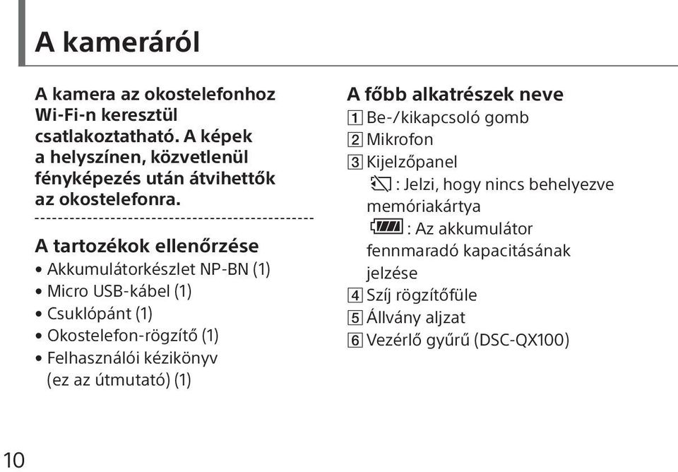 A tartozékok ellenőrzése Akkumulátorkészlet NP-BN (1) Micro USB-kábel (1) Csuklópánt (1) Okostelefon-rögzítő (1) Felhasználói