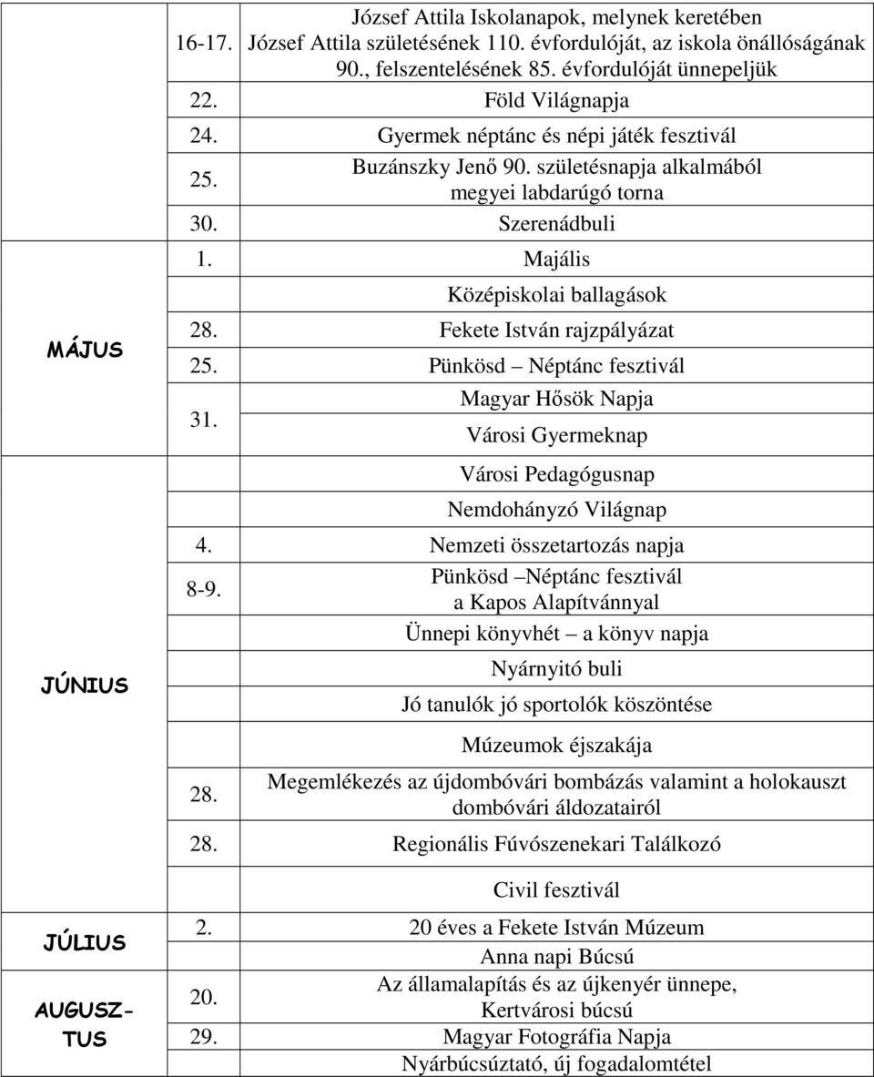 Majális Középiskolai ballagások 28. Fekete István rajzpályázat 25. Pünkösd Néptánc fesztivál 31. Magyar Hősök Napja Városi Gyermeknap Városi Pedagógusnap Nemdohányzó Világnap 4.