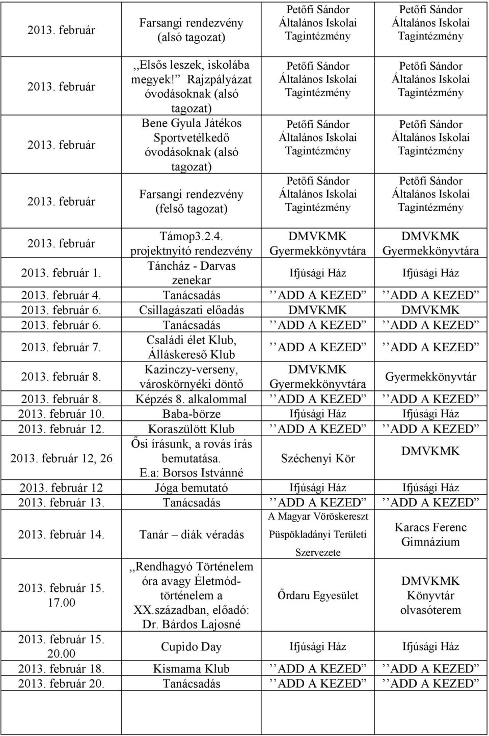 február 1. Táncház - Darvas zenekar 2013. február 4. Tanácsadás 2013. február 6. Csillagászati előadás 2013. február 6. Tanácsadás 2013. február 7. Családi élet Klub, Álláskereső Klub 2013. február 8.