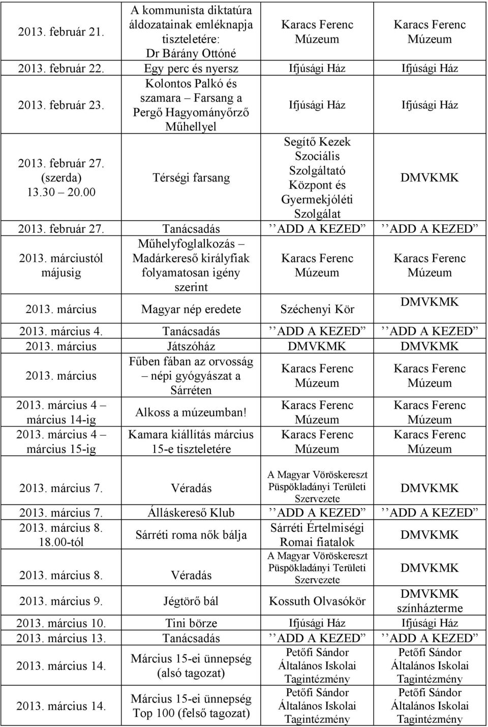 február 27. Tanácsadás 2013. márciustól májusig Műhelyfoglalkozás Madárkereső királyfiak folyamatosan igény szerint 2013. március Magyar nép eredete Széchenyi Kör 2013. március 4. Tanácsadás 2013. március Játszóház 2013.