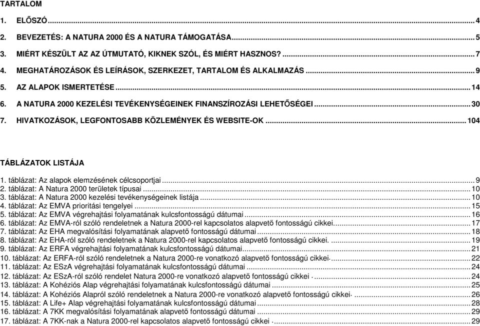 HIVATKOZÁSOK, LEGFONTOSABB KÖZLEMÉNYEK ÉS WEBSITE-OK... 104 TÁBLÁZATOK LISTÁJA 1. táblázat: Az alapok elemzésének célcsoportjai...9 2. táblázat: A Natura 2000 területek típusai...10 3.