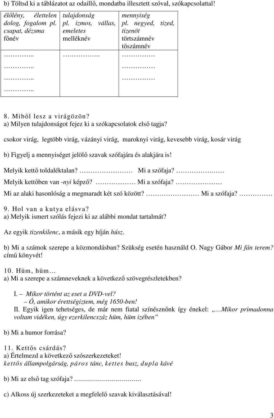 csokor virág, legtöbb virág, vázányi virág, maroknyi virág, kevesebb virág, kosár virág b) Figyelj a mennyiséget jelölő szavak szófajára és alakjára is! Melyik kettő toldaléktalan? Mi a szófaja?