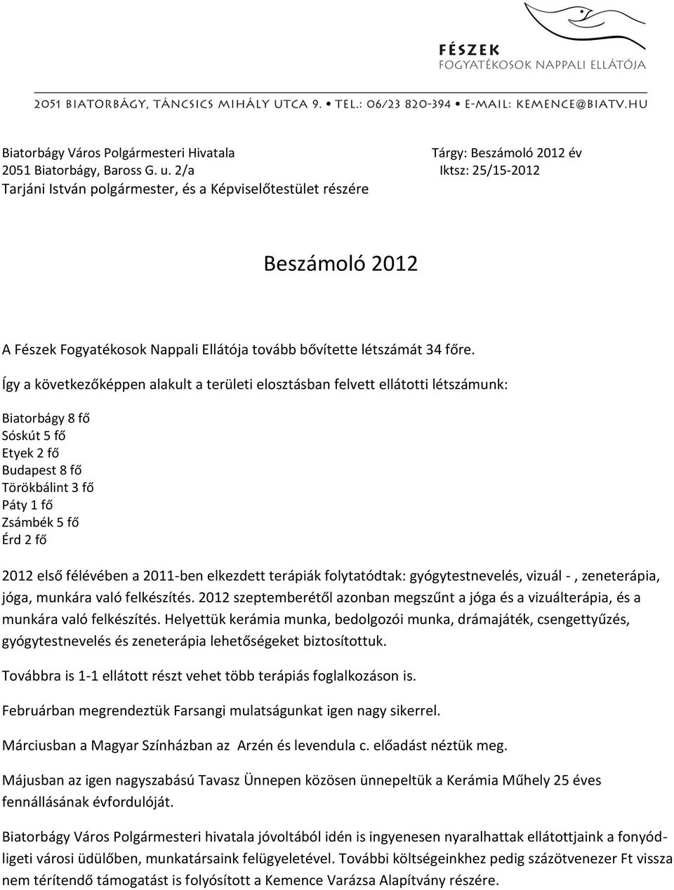 Így a következőképpen alakult a területi elosztásban felvett ellátotti létszámunk: Biatorbágy 8 fő Sóskút 5 fő Etyek 2 fő Budapest 8 fő Törökbálint 3 fő Páty 1 fő Zsámbék 5 fő Érd 2 fő 2012 első