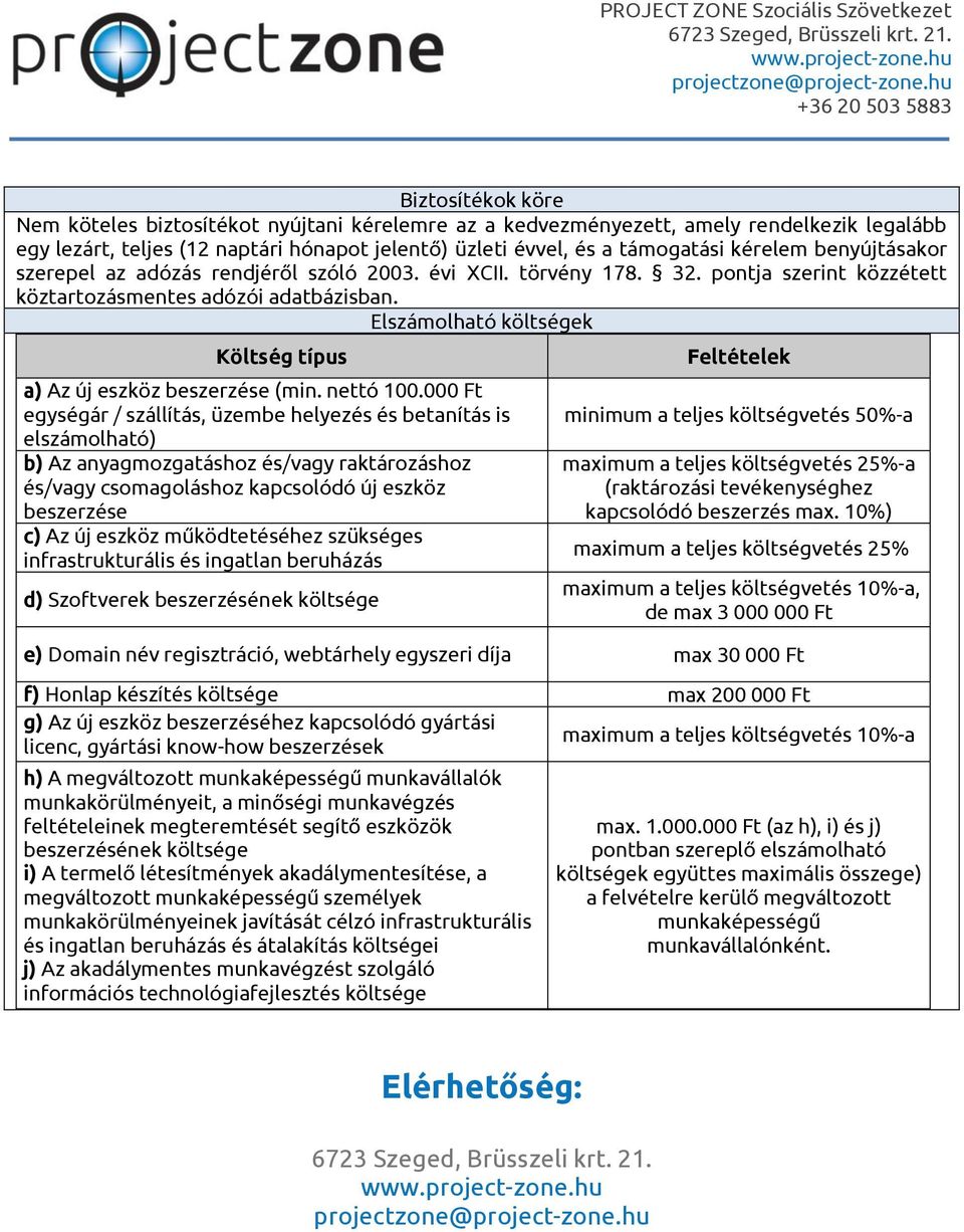 Elszámolható költségek Költség típus a) Az új eszköz beszerzése (min. nettó 100.