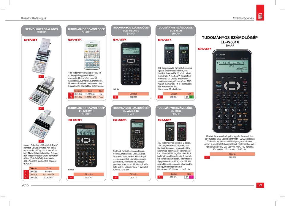 305 EL-501XH-WH Fehér Leírás C1 0901.306 272 tudományos funkció, kétsoros kijelző. Üzemmód: normál, statisztikai. Memóriák (9): rövid idejű memóriák: A-F, X és Y. Független memória: M.