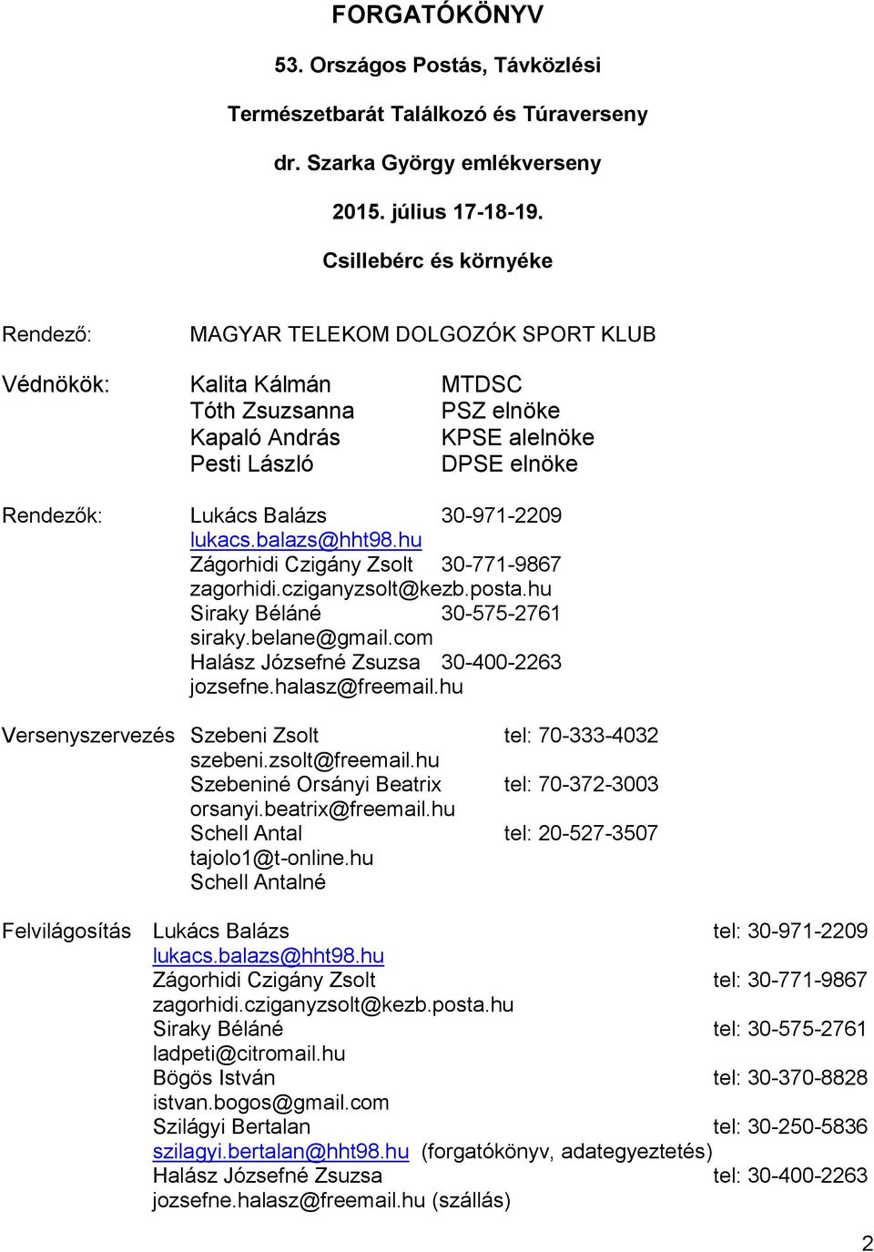 30-971-2209 lukacs.balazs@hht98.hu Zágorhidi Czigány Zsolt 30-771-9867 zagorhidi.cziganyzsolt@kezb.posta.hu Siraky Béláné 30-575-2761 siraky.belane@gmail.