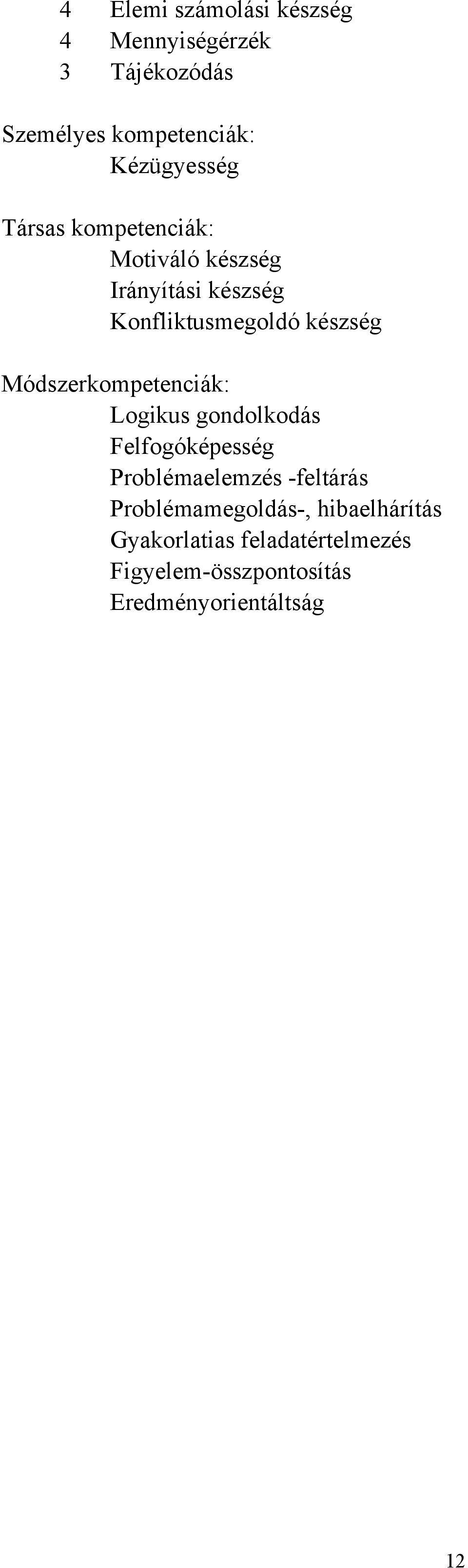 készség Módszerkompetenciák: Logikus gondolkodás Felfogóképesség Problémaelemzés feltárás