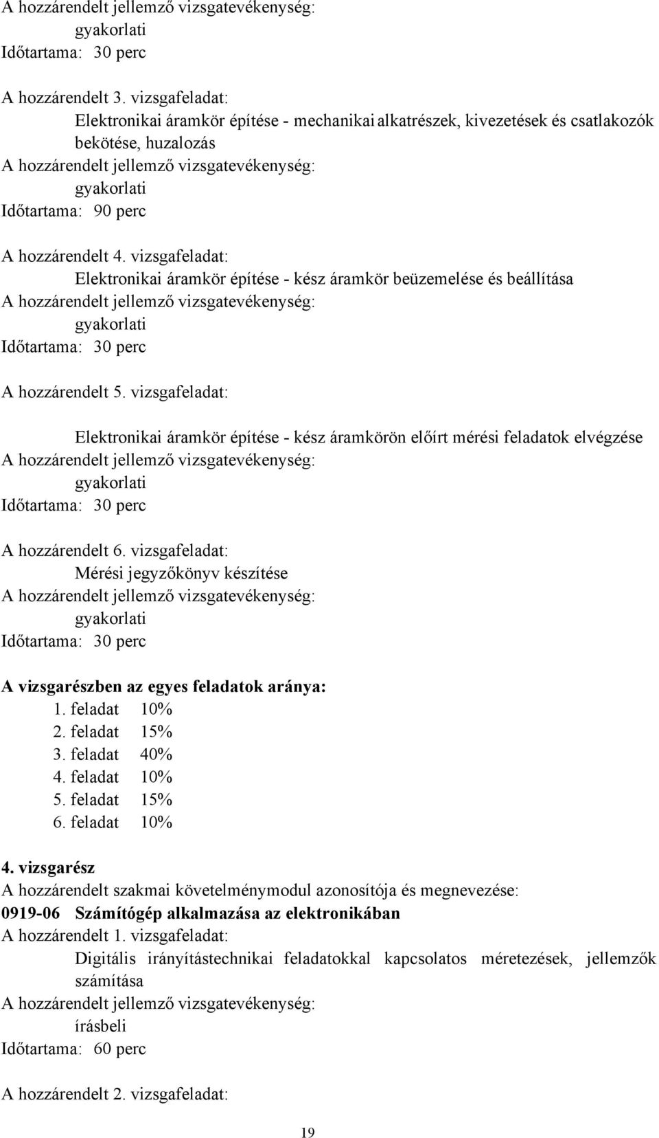 vizsgafeladat: Elektronikai áramkör építése kész áramkör beüzemelése és beállítása A hozzárendelt jellemző vizsgatevékenység: Időtartama: 30 perc A hozzárendelt 5.