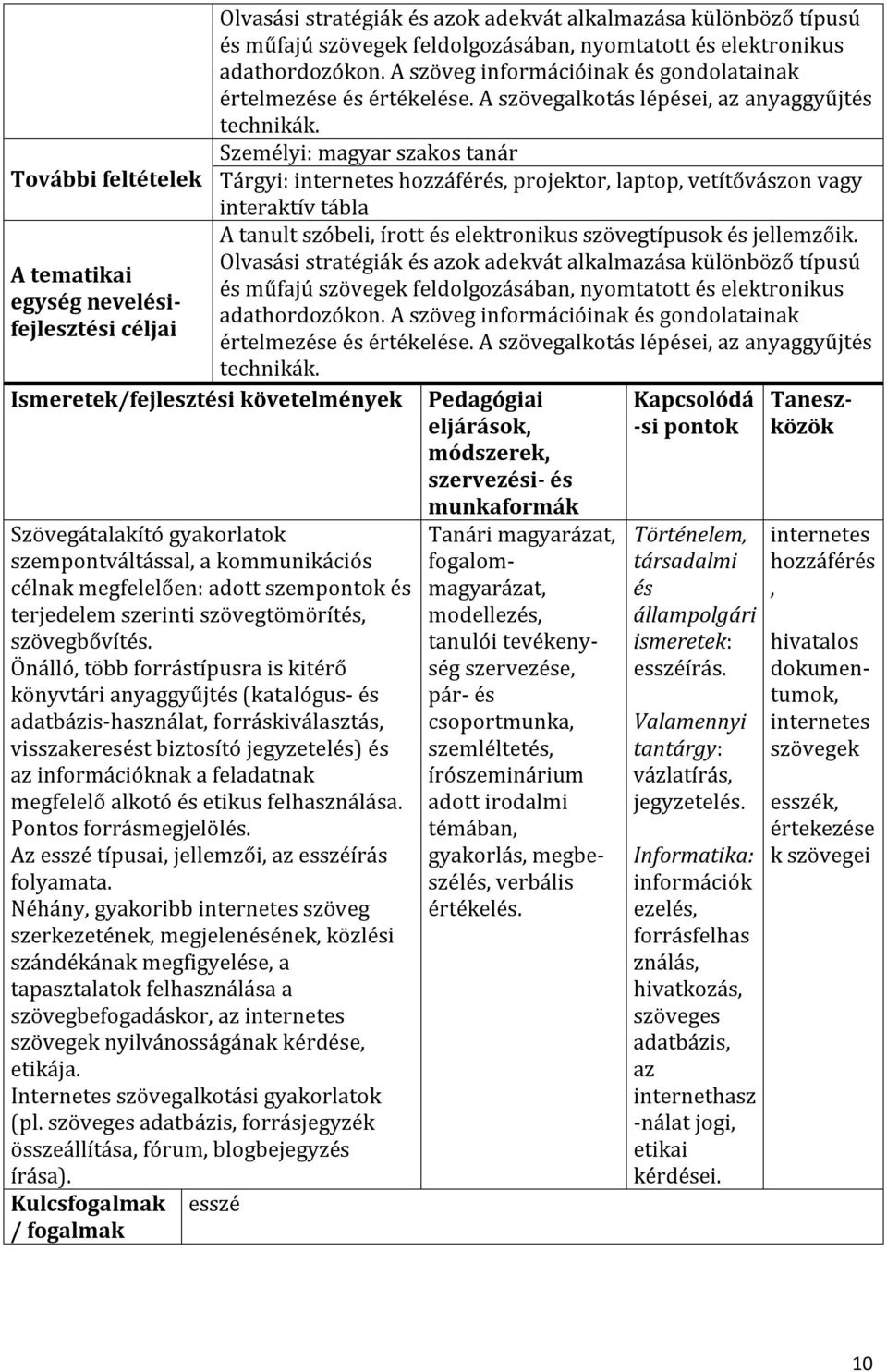 További feltételek Tárgyi:, projektor, laptop, vetítővászon vagy interaktív tábla A tematikai céljai technikák.