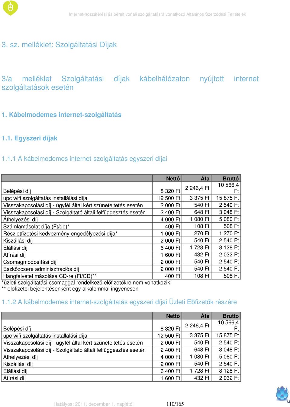 1. Egyszeri díjak 1.1.1 A kábelmodemes internet-szolgáltatás egyszeri díjai 10 566,4 2 246,4 8 320 upc wifi szolgáltatás installálási díja 12 500 3 375 15 875 Visszakapcsolási díj - ügyfél által kért