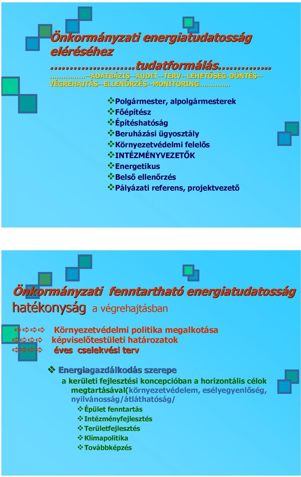 Önkormányzati nyzati fenntartható energiatudatosság hatékonys konyság a végrehajtásban Környezetvédelmi politika megalkotása képviselőtestületi határozatok éves cselekvési si terv