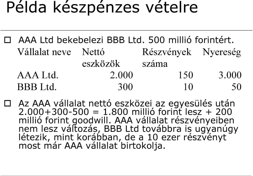 300 10 50 Az AAA vállalat nettó eszközei az egyesülés után 2.000+300-500 = 1.