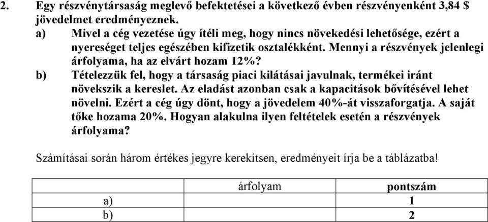 Mennyi a részvények jelenlegi árfolyama, ha az elvárt hozam 12%? b) Tételezzük fel, hogy a társaság piaci kilátásai javulnak, termékei iránt növekszik a kereslet.