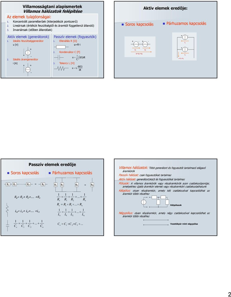 deális áramgenerátor i [] + + - Passzí elemek (ogyasztók. Ellenállás [Ω] u= i. Kondenzátor C [F] u i(tdt C. Tekercs L [H] di(t u L dt + - + - u u u=u+u + - i + - i i=i+i Soros kapcsolás e = + +.