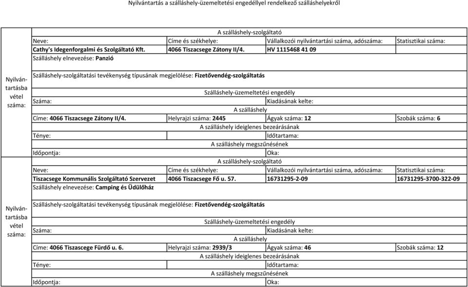 Helyrajzi 2445 Ágyak 12 Szobák 6 ideiglenes bezeárásának megszűnésének -szolgáltató Neve: Címe és székhelye: Vállalkozói nyilvántartási száma, adó Statisztikai Tiszacsege