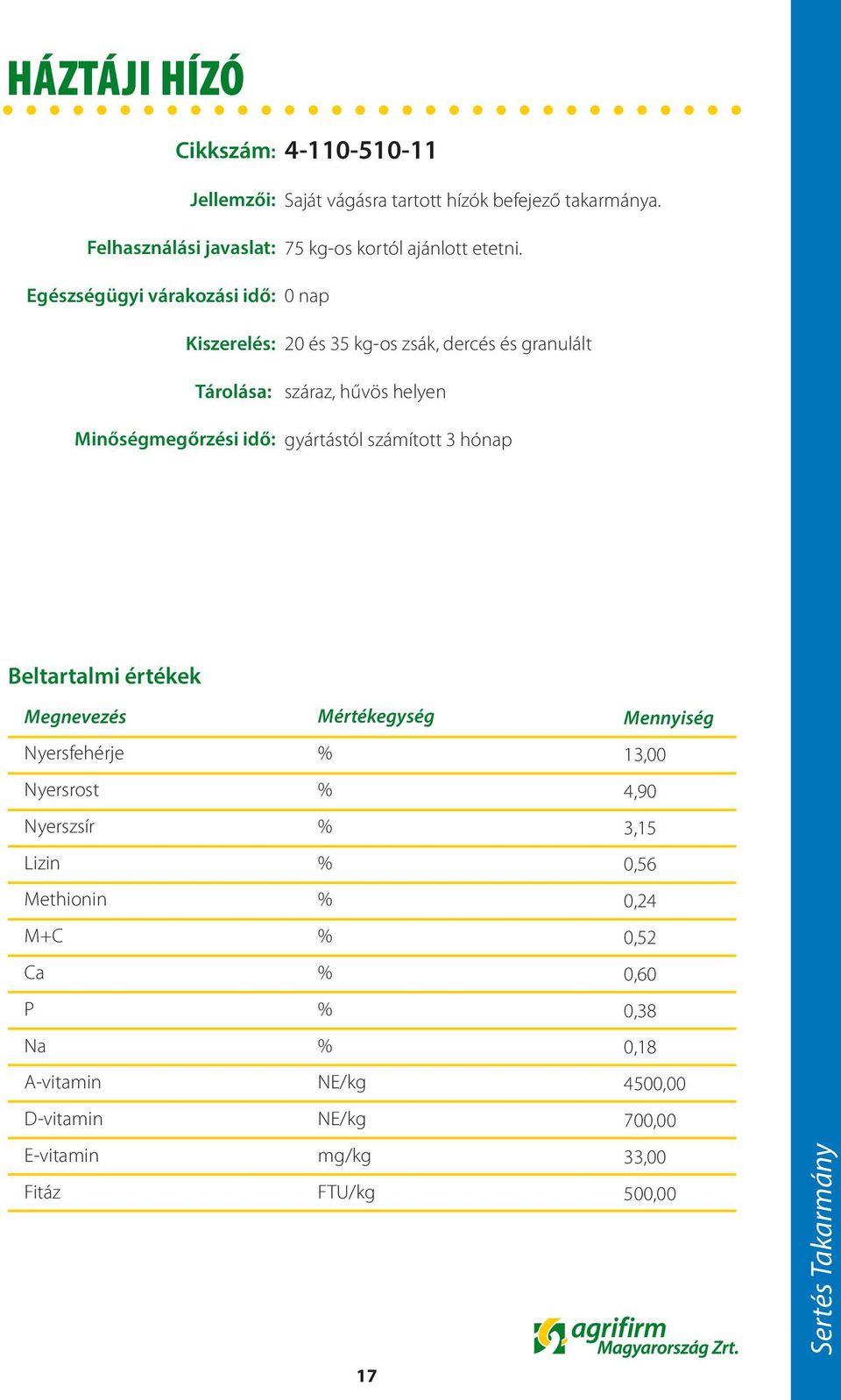 Felhasználási javaslat: 75 kg-os kortól ajánlott etetni.