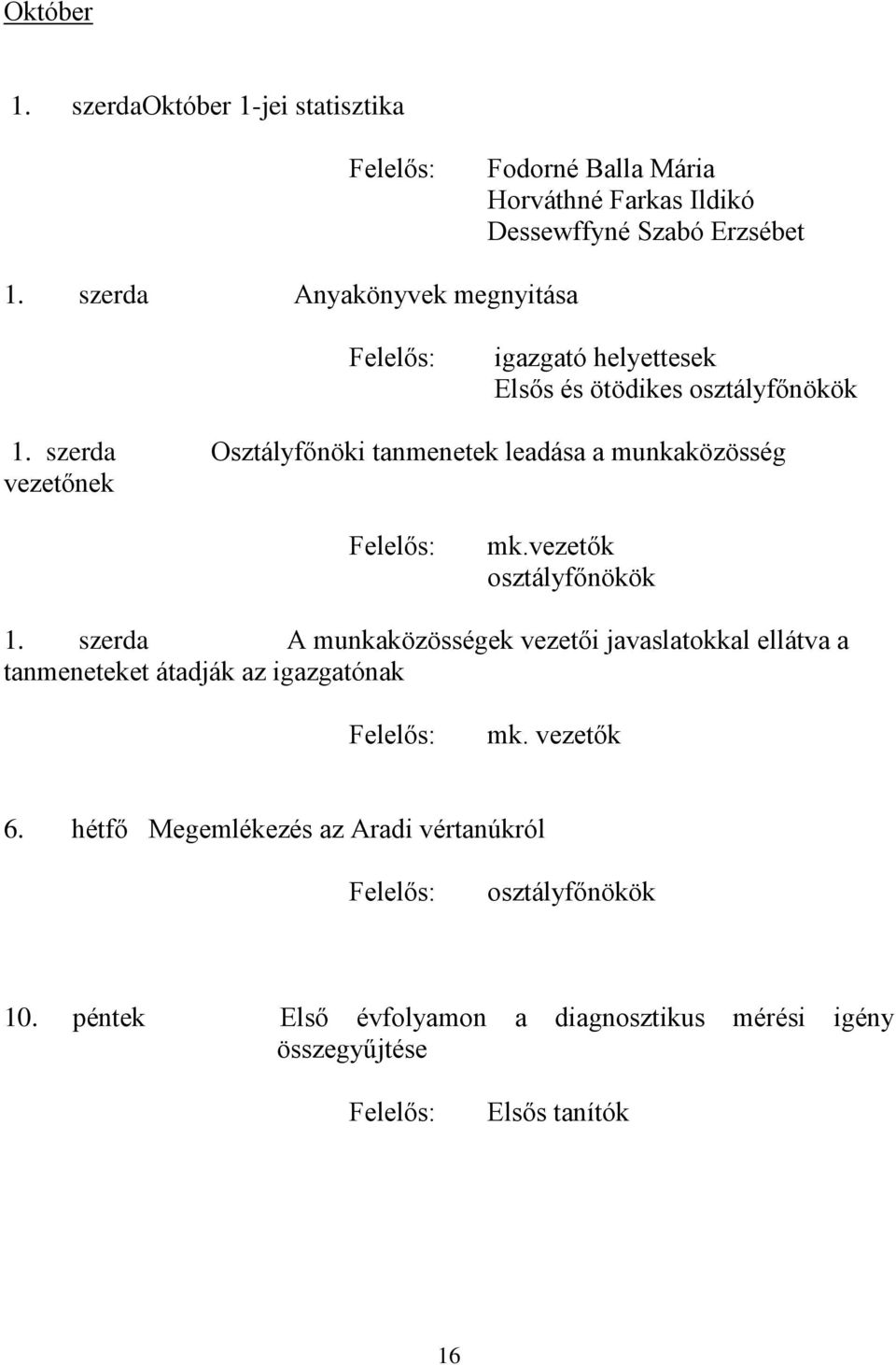 szerda Osztályfőnöki tanmenetek leadása a munkaközösség vezetőnek mk.vezetők osztályfőnökök 1.