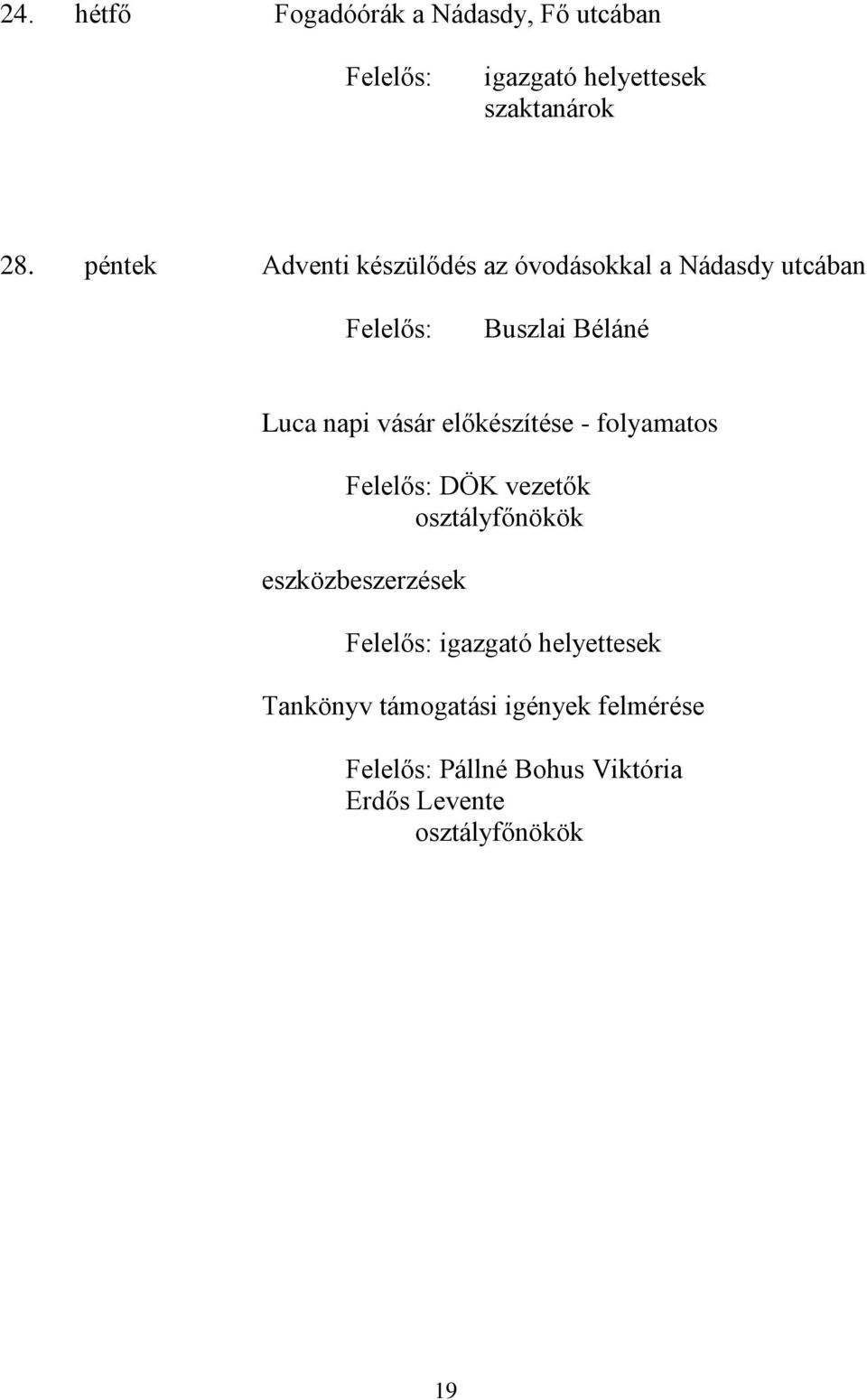 vásár előkészítése - folyamatos DÖK vezetők osztályfőnökök eszközbeszerzések igazgató