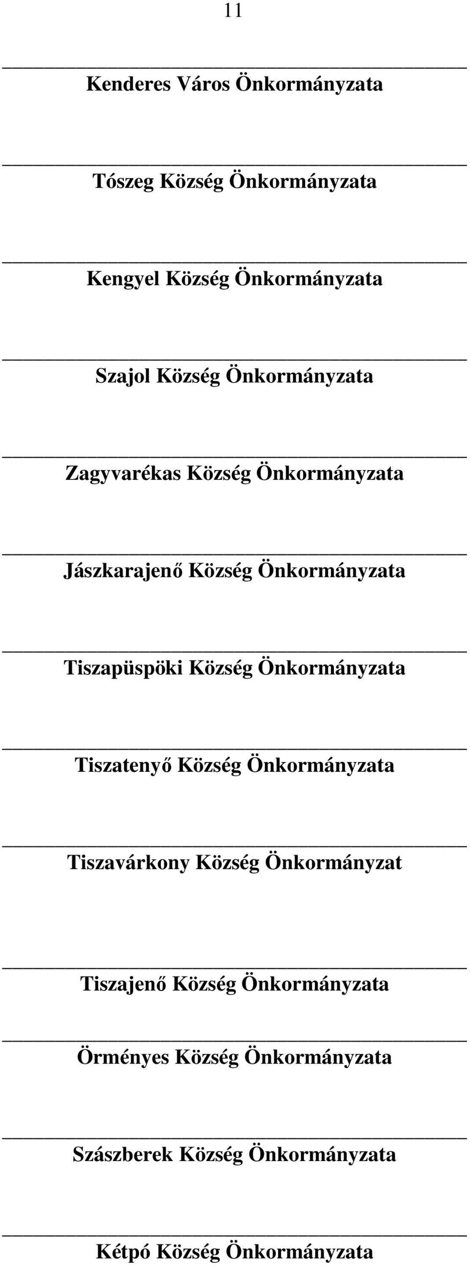 Község Önkormányzata Tiszatenyő Község Önkormányzata Tiszavárkony Község Önkormányzat Tiszajenő