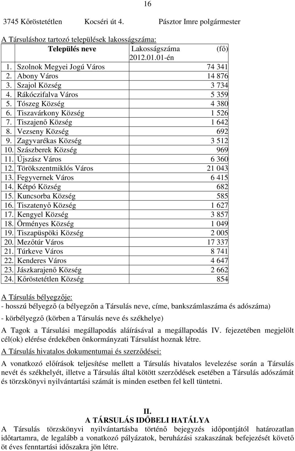 Zagyvarékas Község 3 512 10. Szászberek Község 969 11. Újszász Város 6 360 12. Törökszentmiklós Város 21 043 13. Fegyvernek Város 6 415 14. Kétpó Község 682 15. Kuncsorba Község 585 16.