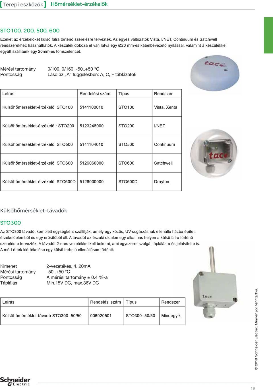 .+50 C Lásd az A függelékben: A, C, F táblázatok Külsőhőmérséklet-érzékelő STO100 5141100010 STO100 Vista, Xenta Külsőhőmérséklet-érzékelő r STO200 5123246000 STO200 I/NET Külsőhőmérséklet-érzékelő